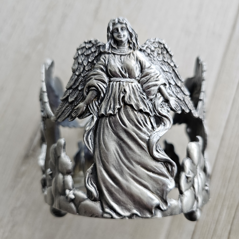 Silver Tone Angel Theme Jar Candle Holder, EUC